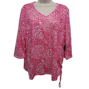New Casey Key Pink White V neck 3/4 Sleeve Top Shirt Blouse P XL
